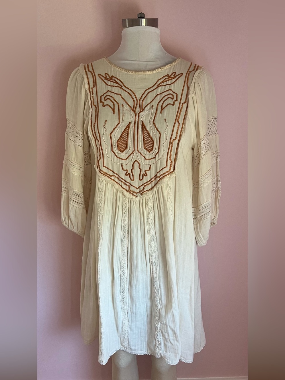 Boho Embroidered Cream Mini Dress